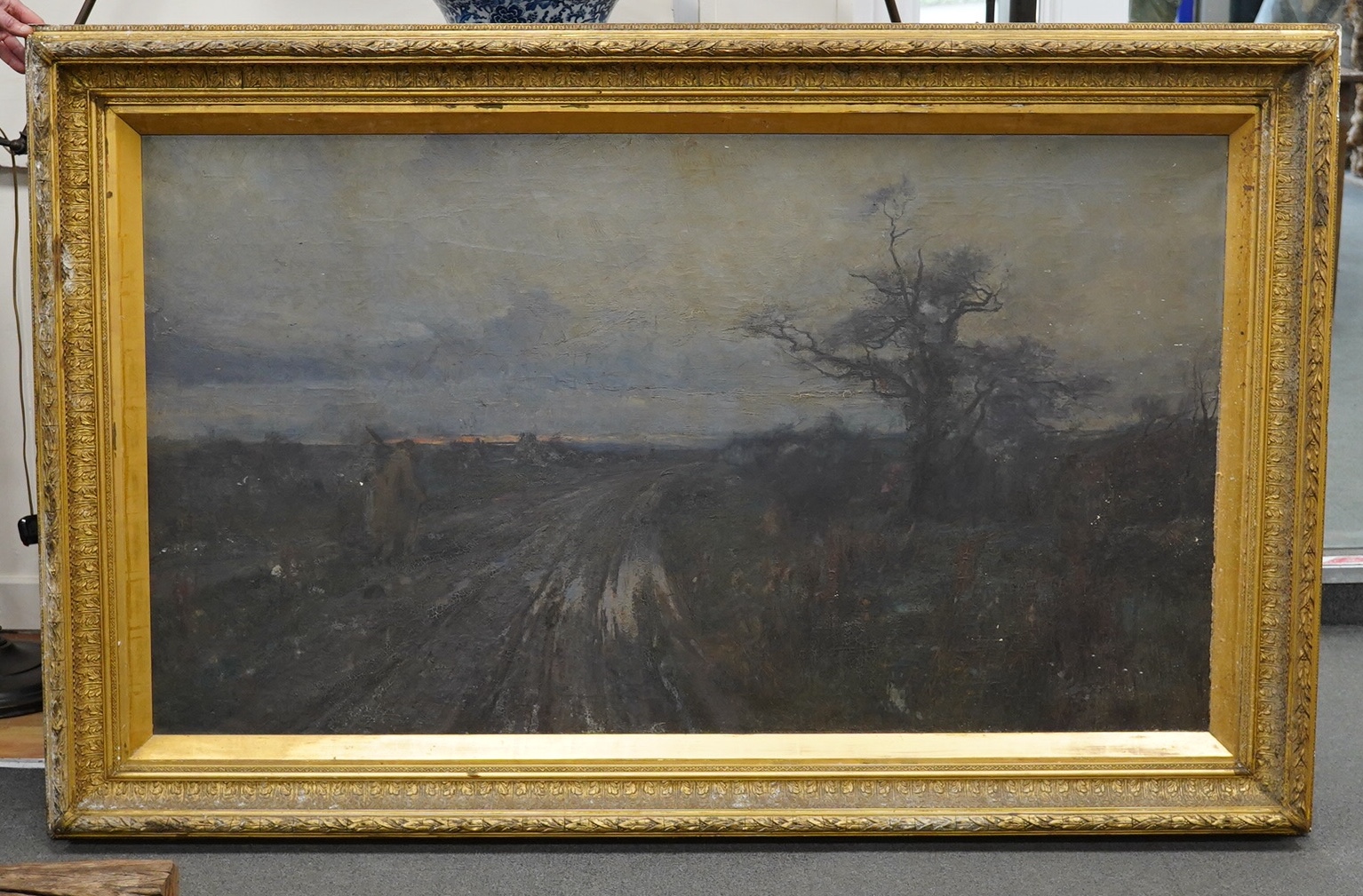 Gilbert Tosier, large oil on canvas, Landscape, ornate gilt frame, 85 x 150cm. Condition- poor